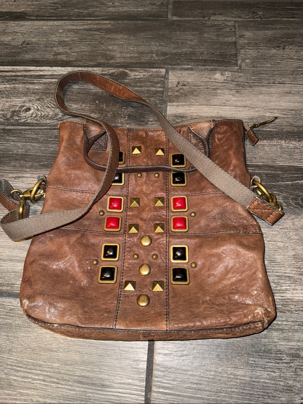Fossil Brown Leather Studded Shoulder Bag with Red and Black leather
